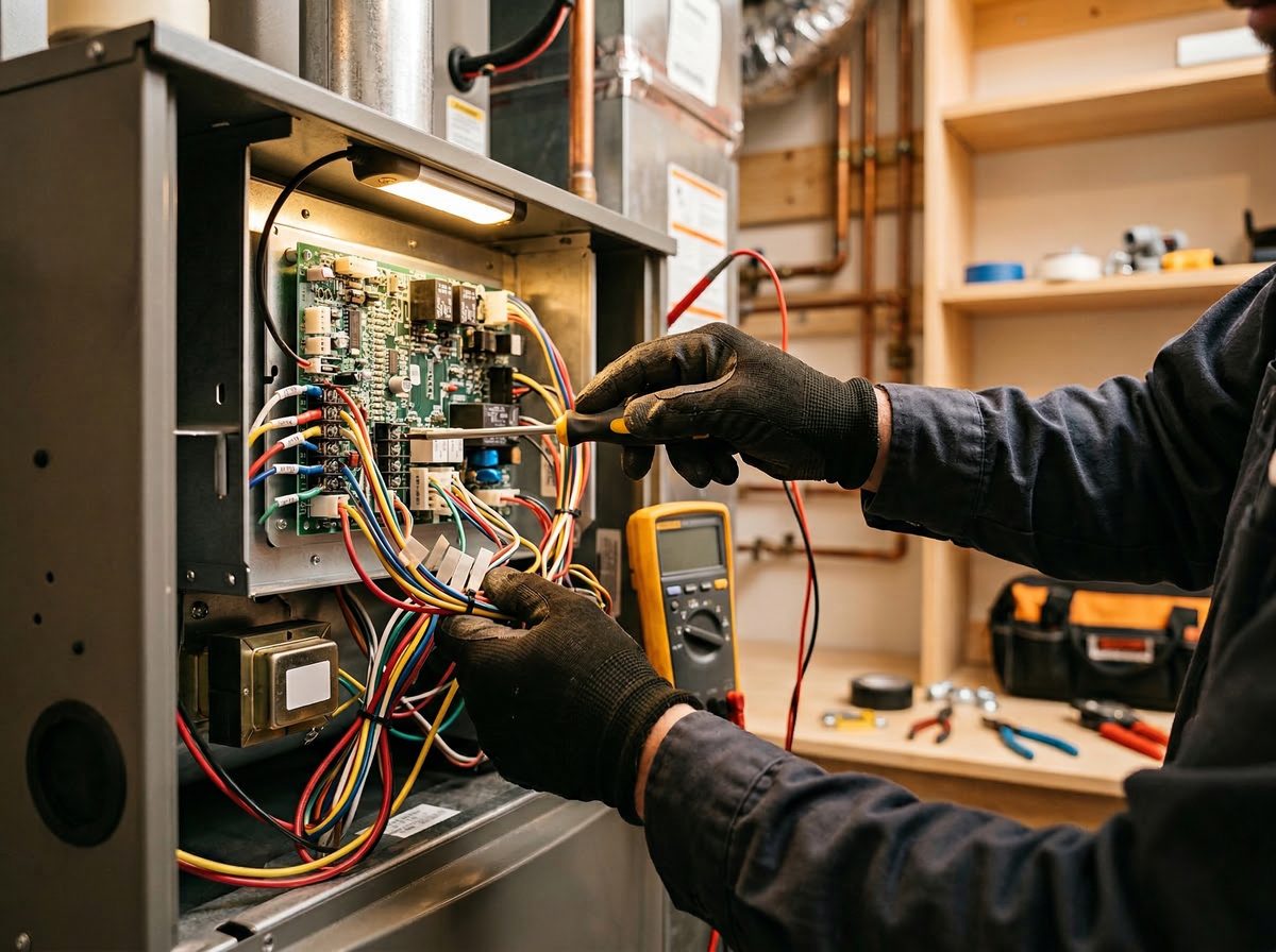 HVAC technician performing furnace maintenance in a Fort Wayne home
